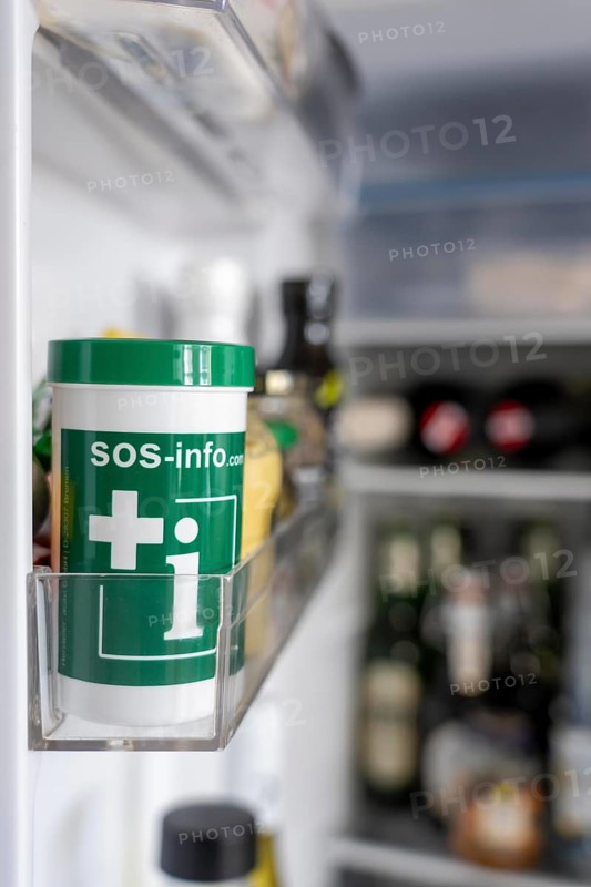 Emergency box in a refrigerator, it contains a comprehensive information sheet which gives emergency services medical information about the patient in an emergency, refrigerator is available in every household, central point for rescuers to receive information about the patient in an emergency, a sticker on the refrigerator door and front door indicates the emergency box
