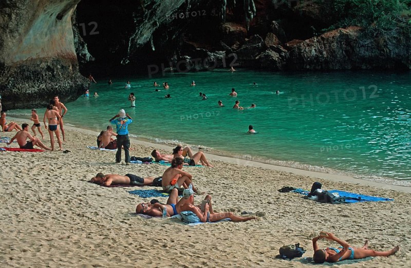 People bathing and sunbathing on Pranang Cave beach, two years in front of the tsunami, Krabi, Thailand, December 2002, vintage, retro, old, historic
