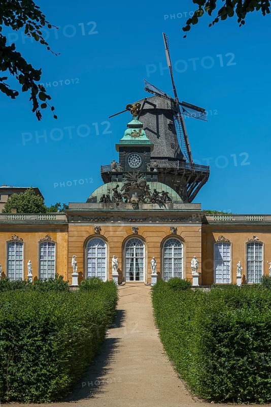 New chambers with historic windmill in Sanssouci Palace, Potsdam, Brandenburg
