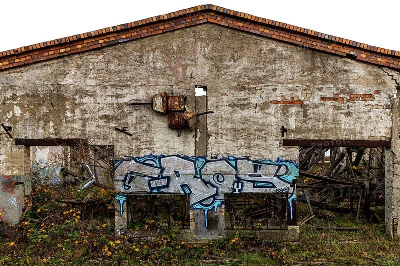 Dilapidated hall with gravity of the dilapidated plant of a former agricultural production cooperative of the former GDR, LPG, Lost Place, Müggenburg, Fischland-Darß-Zingst, Western Pomerania National Park, Mecklenburg-Western Pomerania, Germany