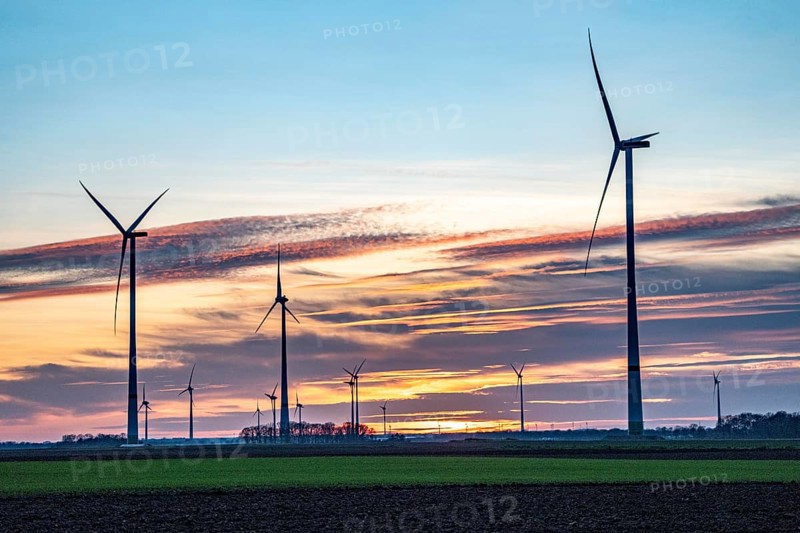 Sunset at Issum wind farm, Lower Rhine, North Rhine-Westphalia, Germany