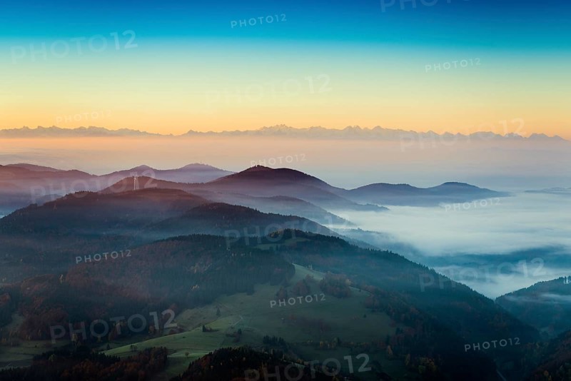 View from Belchen heading south of Wiesental and the Swiss Alps, morning atmosphere with fog in autumn, sunrise, Belchen, Black Forest, Southern Black Forest, Baden-Württemberg, Germany