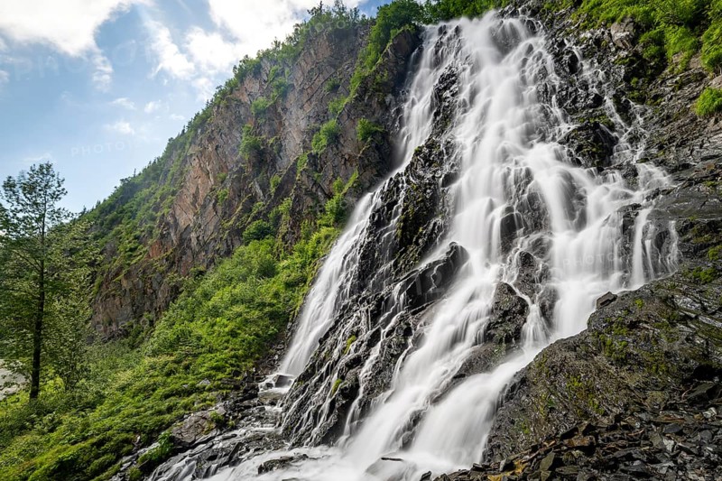 Bridalveil Falls waterfall, canyon, long exposure, Keystone Canyon, Richardson Highway, Alaska, USA