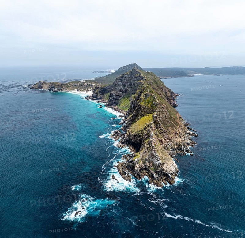 Aerial view, cliffs and sea at Cape of Good Hope, Cape Point Lighthouse, Cape Peninsula, Cape Point Nature Reserve, Cape Town, South Africa