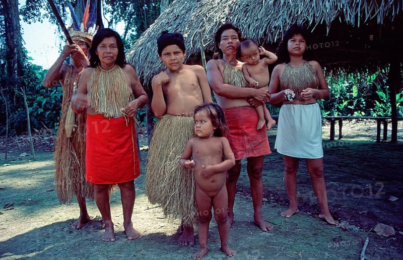 Members of a Yagua tribe near Iquitos on the Amazon pose for photos, Peru, South America, September 1997, vintage, retro, old, historic