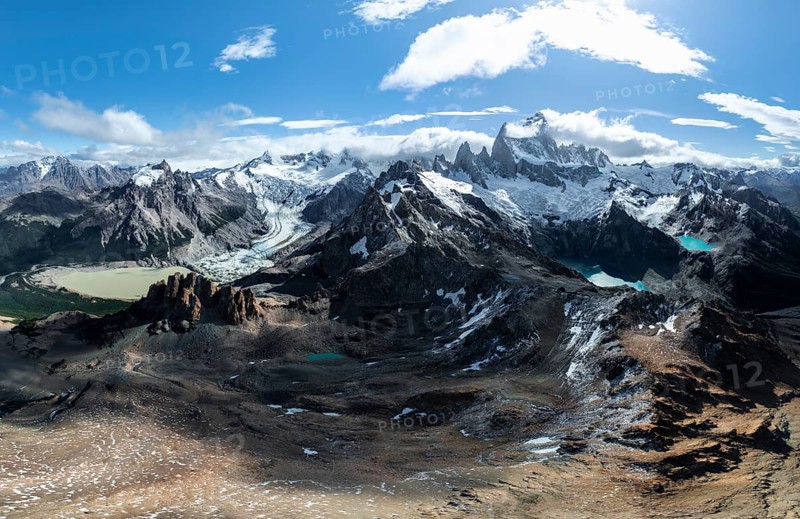 Aerial view, epic panorama, large glaciers, glacial lakes Lago de los Tres Laguna Sucia and Laguna Torre, mountains and peaks of Monte Fitz Roy and Cerro Torre, Fitz Roy mountain range, Cerro Chalten, Los Glaciares National Park, Patagonia, Santa Cruz Province, Argentina