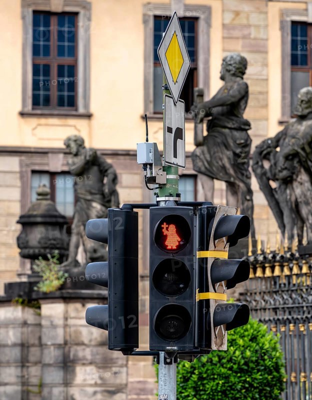 Pedestrian traffic light with episcopal symbols at the castle in Fulda, Hesse, Germany