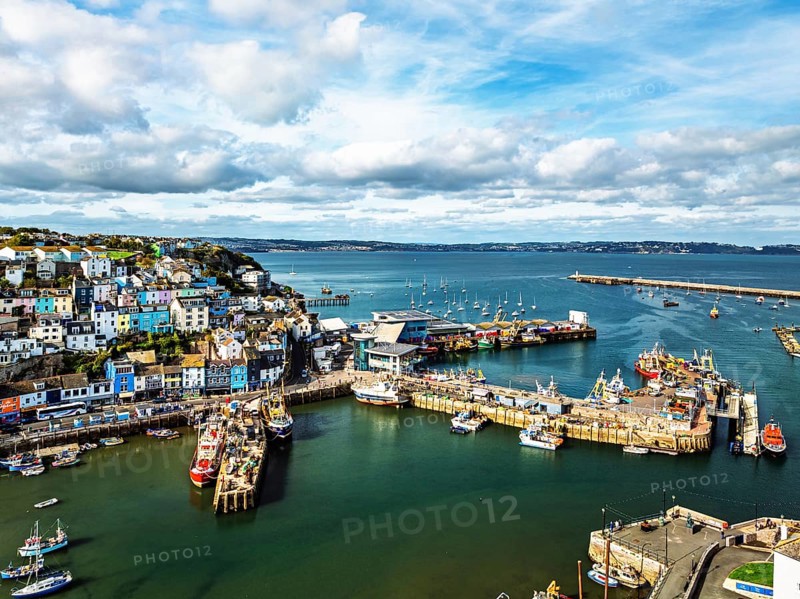 Brixham Hourbour and Brixham Marina from a drone, Brixham, Torbay, Devon, England, United Kingdom