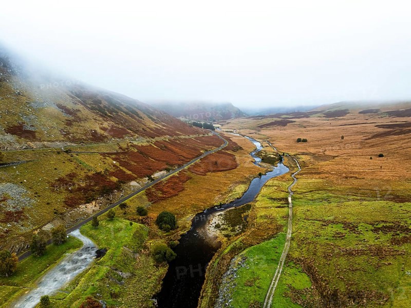 Autumn over Claerwen Dam, Claerwen Valley, Elan Valley Reservoir, Rhayader, Powys, Wales, UK