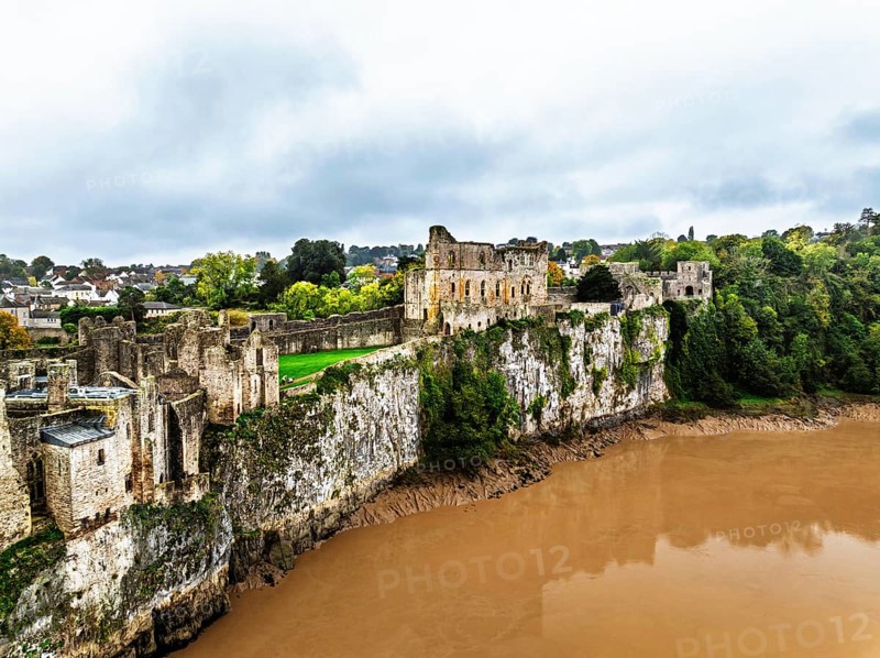 Autumn over Chepstow Castle and River Wye from a drone, Chepstow, Monmouthshire, Wales, UK