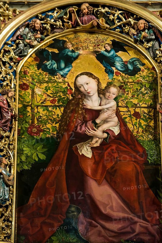 Famous medieval painting, Madonna in the Garden of Roses, by Martin Schongauer, Dominican Church, Église des Dominicains, Colmar, Haut-Rhin Department, Alsace, France