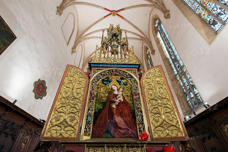 Famous medieval painting, Madonna in the Garden of Roses, by Martin Schongauer, Dominican Church, Église des Dominicains, Colmar, Haut-Rhin Department, Alsace, France