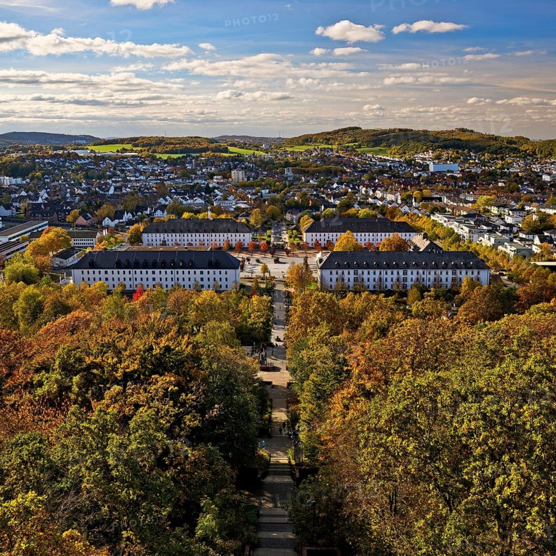 View from the Jübergturm of Sauerland Park in autumn and the city center of Hemer, Märkischer Kreis, Sauerland, North Rhine-Westphalia, Germany