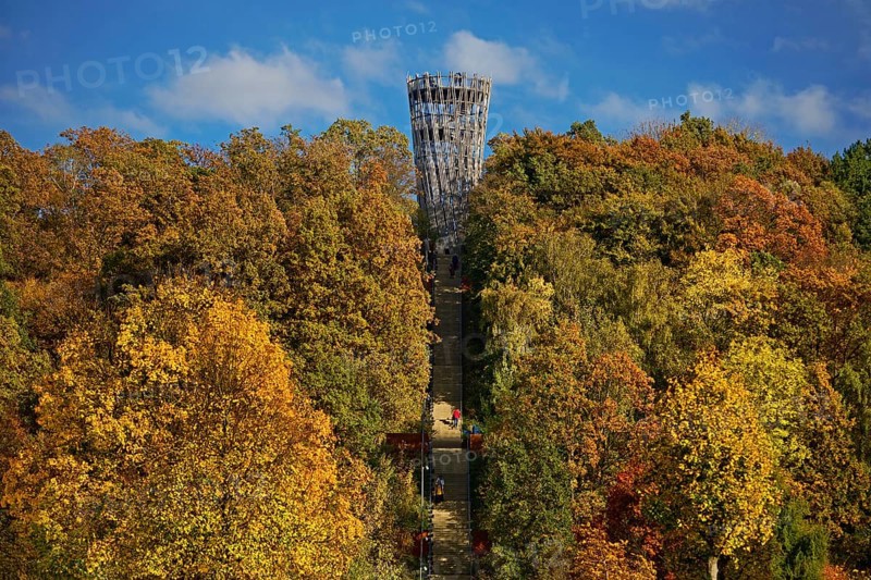 View of the Jübergturm with the stairway in Sauerlandpark in autumn, Hemer, Märkischer Kreis, Sauerland, North Rhine-Westphalia, Germany