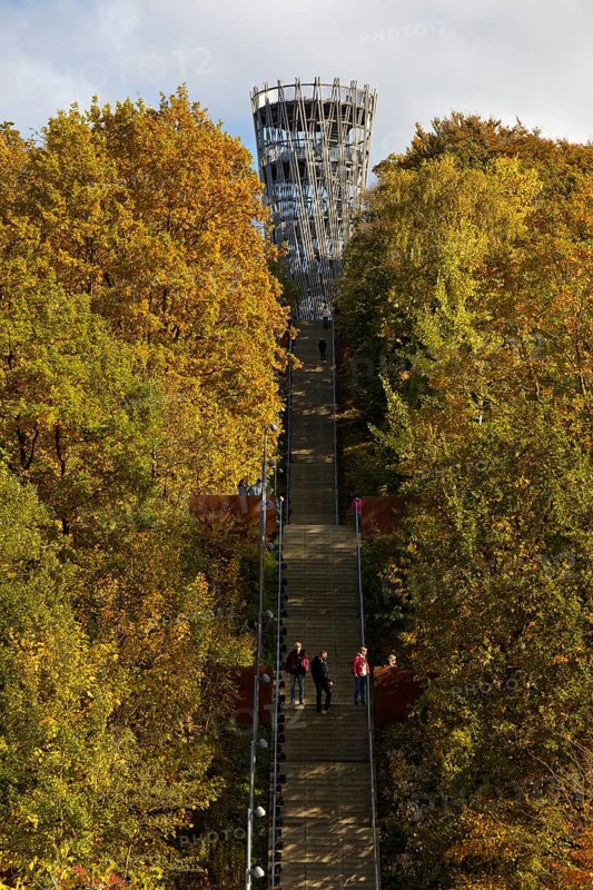 View of the Jübergturm with the stairway in Sauerlandpark in autumn, Hemer, Märkischer Kreis, Sauerland, North Rhine-Westphalia, Germany