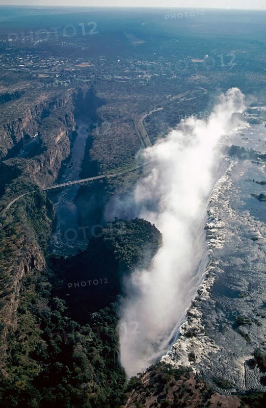 Aerial view, Victoria Falls, Zambezi, Zambezi Bridge, Zimbabwe, Africa, June 2000, vintage, retro, old, historic