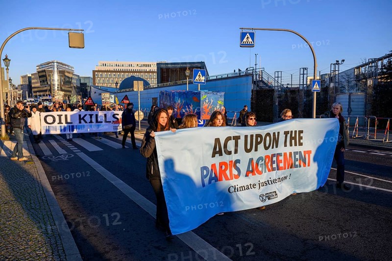 Demonstration of Extinction Rebellion to mark the 10th anniversary of the Paris Agreement and to reach the first climate tipping point, the death of coral reefs, Berlin, 12.12.2025