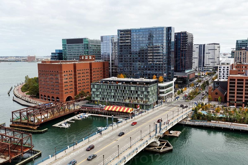 View of Northern Avenue Bridge over Fort Point Channel, steel swing bridge, Seaport District, skyline, modern architecture, office towers, residential buildings, cultural offerings, Downtown, Boston, Massachusetts, New England, USA