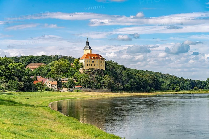 Hirschstein Castle or Neuhirschstein across the Elbe in Hirschstein, Saxony, Germany
