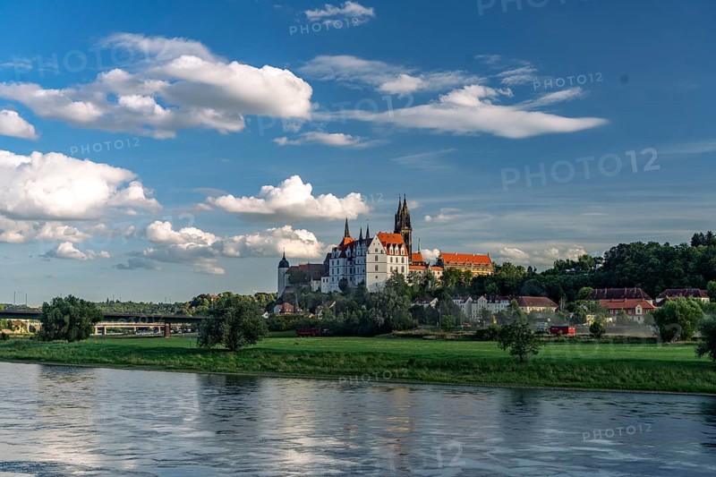 The castle hill with Albrechtsburg, cathedral and the Elbe in Meissen, Saxony, Germany