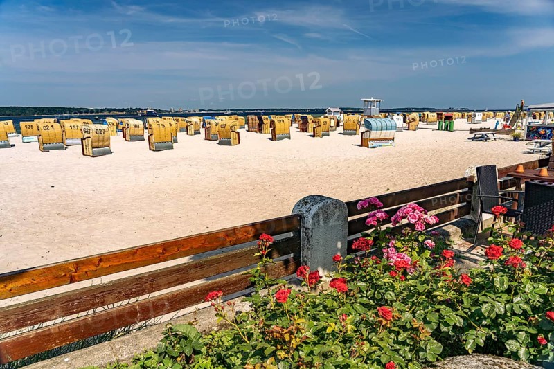 Beach chairs on the beach of Laboe on the Kiel Fjord, Laboe, Schleswig-Holstein, Germany