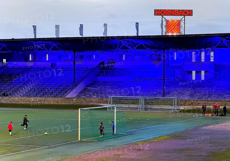 Youth training in the royal blue Glückauf Kampfbahn of FC Schalke 04, Gelsenkirchen, Ruhr area, North Rhine-Westphalia, Germany