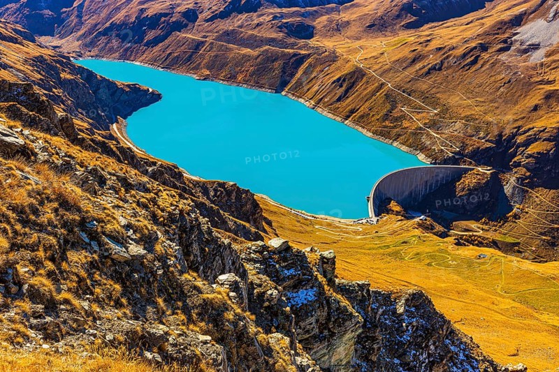 The dam and turquoise lake Lac de Moiry, Val d'Anniviers, Valais Alps, Canton of Valais, Switzerland