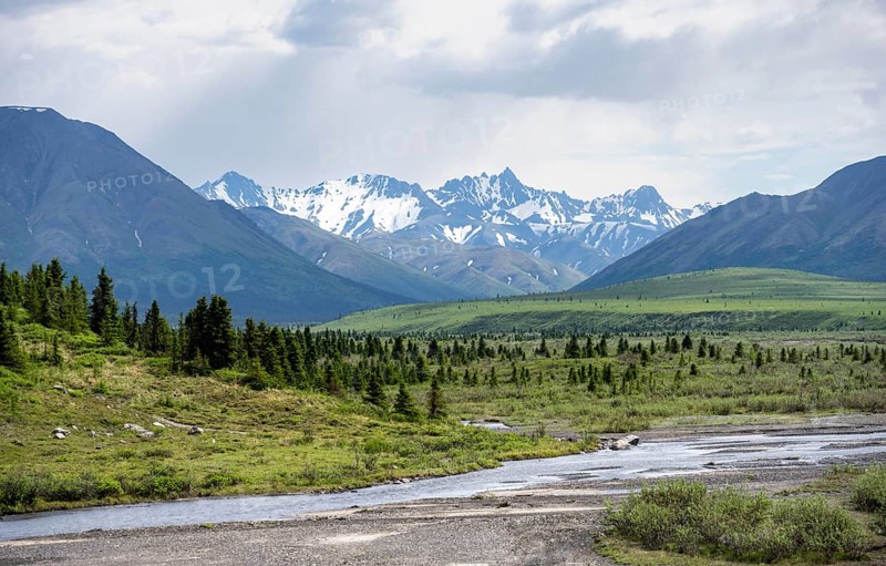Savage River, tundra and mountainous landscape, Denali National Park, Alaska, USA