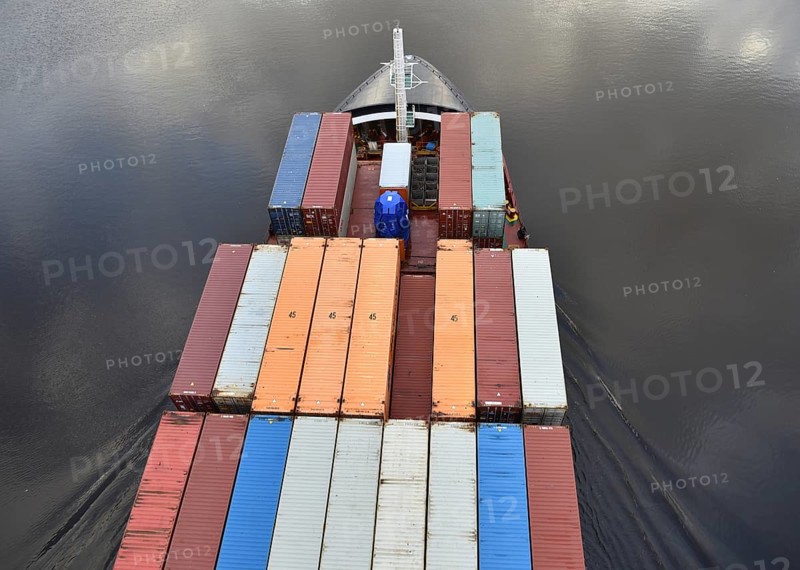 Aerial view of shipping container, container ship NORDIC PORTO photographed from above, Kiel Canal, Kiel Canal, Kiel Canal, Schleswig-Holstein, Germany