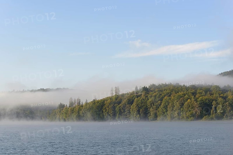 Hennesee, morning fog, blue sky, Hennetalsperre, Sauerland-Rothaargebirge nature park Park, North Rhine-Westphalia, Germany