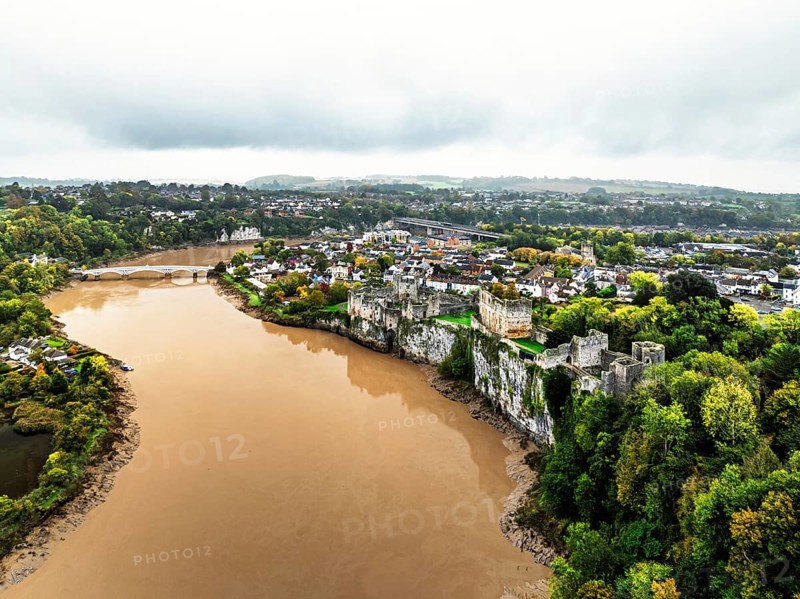Autumn over Chepstow Castle and River Wye from a drone, Chepstow, Monmouthshire, Wales, UK