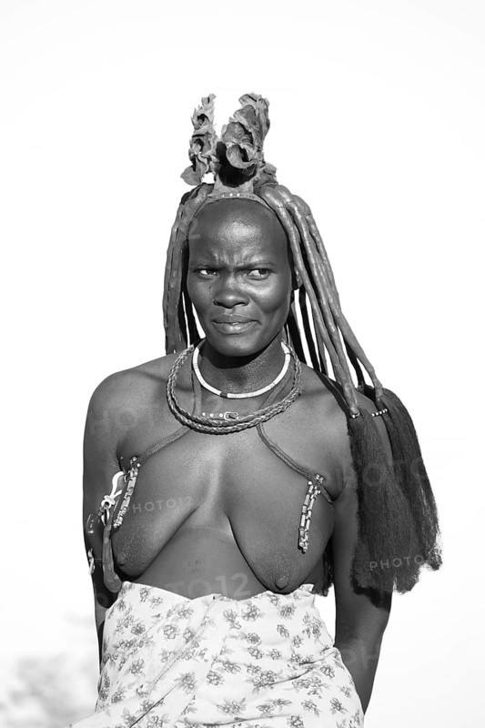 Black and white, portrait, Himba woman, traditional clothing, Kaokoveld, Kunene, Namibia