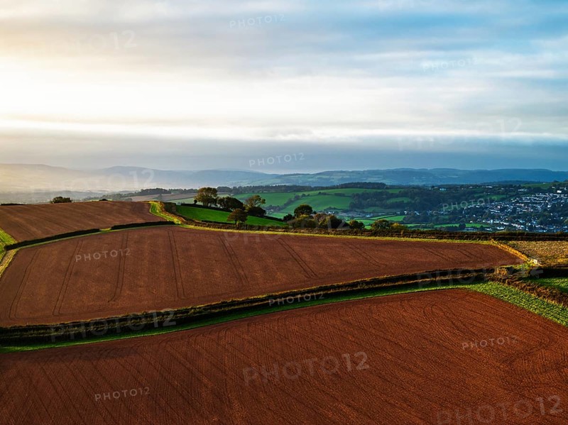 Colours of autumn Fields and Farms over Sheldon from a drone, Torbay, Devon, England, United Kingdom