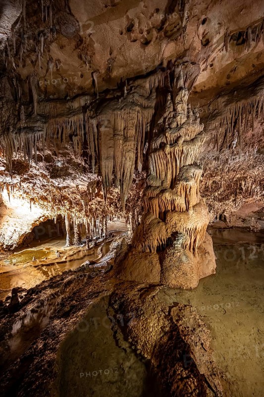 Stalactites and stalagmites, rock formations in a stalactite cave, Grotta del Fico, Gulf of Orosei, Baunei, Sardinia, Italy