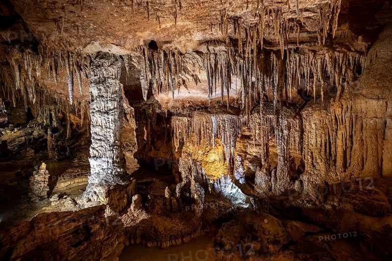 Stalactites and stalagmites, rock formations in a stalactite cave, Grotta del Fico, Gulf of Orosei, Baunei, Sardinia, Italy