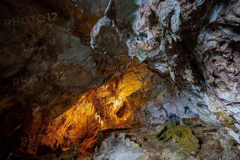 Stalactites and rock formations in a stalactite cave, Grotta del Fico, Gulf of Orosei, Baunei, Sardinia, Italy