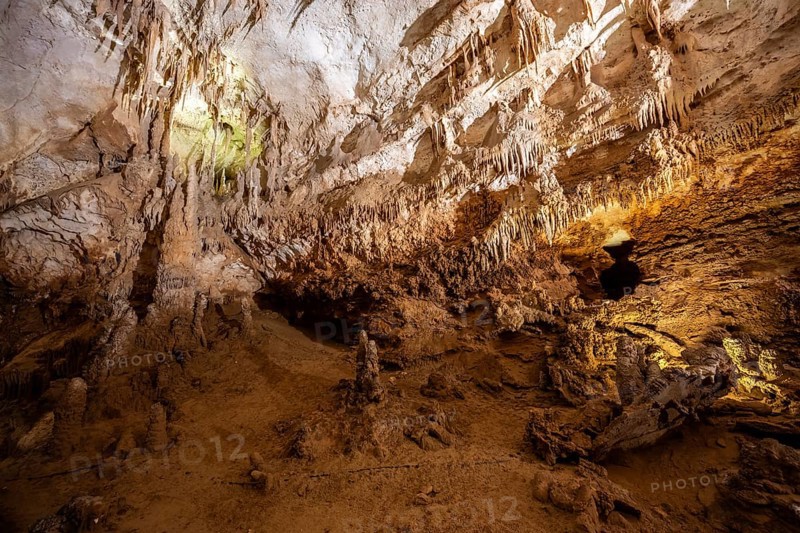 Stalactites and stalagmites, rock formations in a stalactite cave, Grotta del Fico, Gulf of Orosei, Baunei, Sardinia, Italy