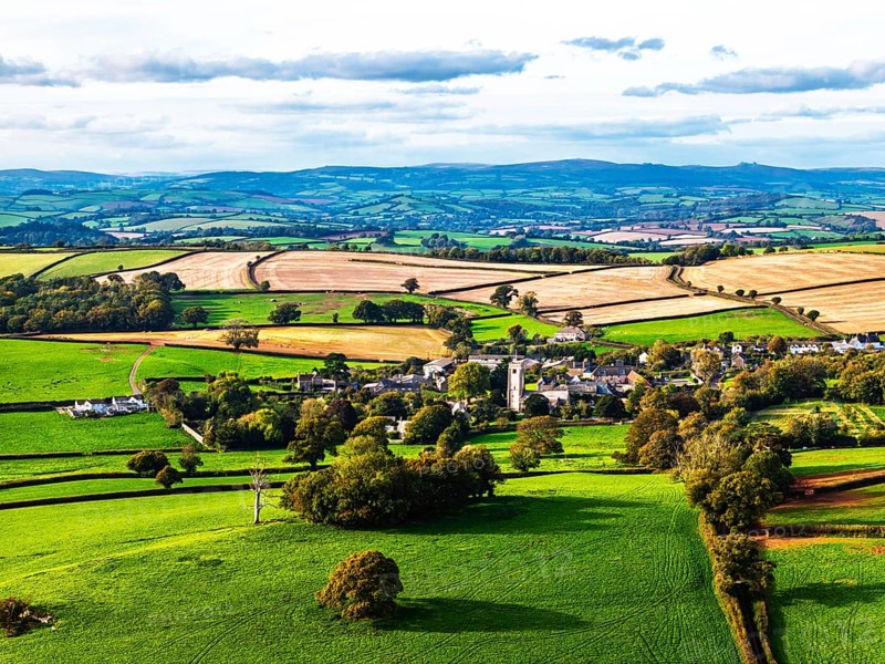 Colours of Devon Farms and Fields over Berry Pomeroy from a drone, Totnes, England, United Kingdom