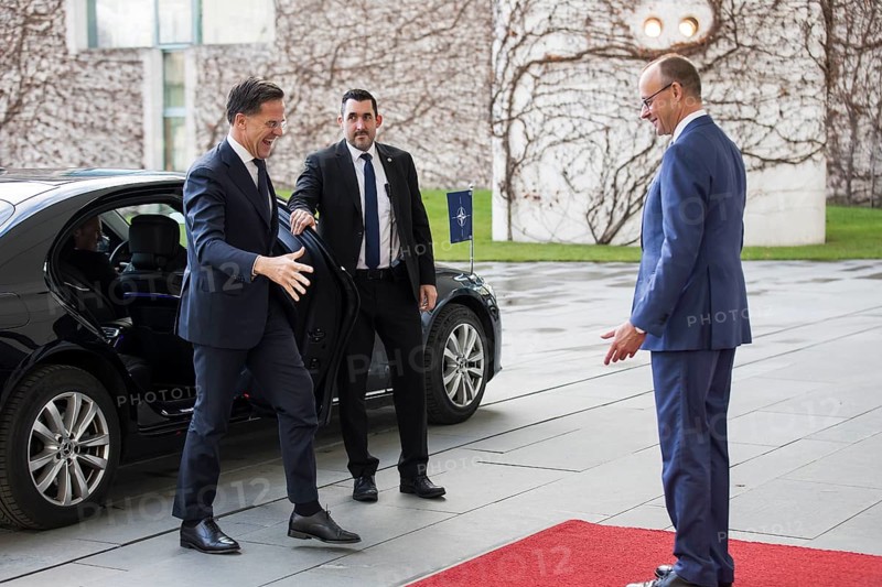 Mark Rutte (Secretary General of NATO) and Friedrich Merz (Chancellor of the Federal Republic of Germany, CDU) greeting each other in front of a joint one-on-one meeting at the Federal Chancellery, Berlin, 11 December 2025