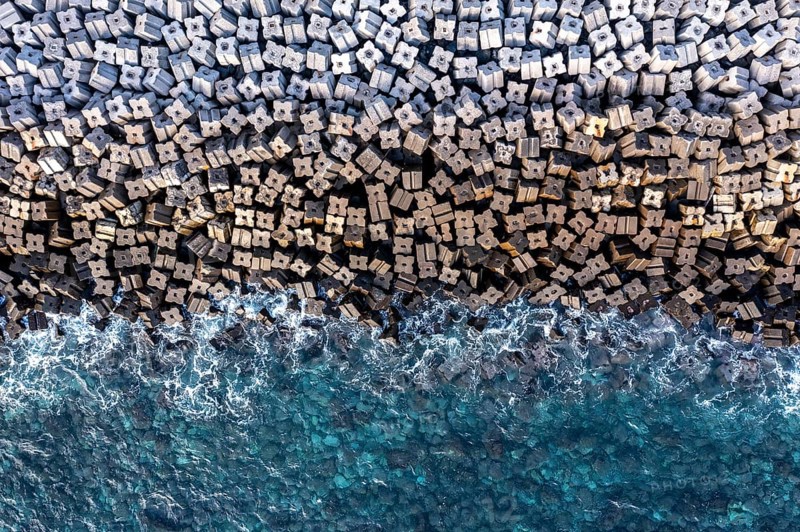 Aerial view, breakwater on the coast, Madeira, Portugal
