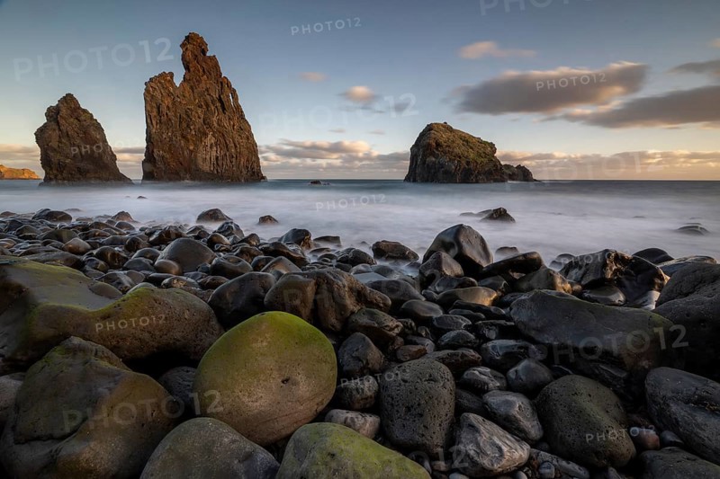 Ilheus da Rib volcanic rock formation on the cliffs of Ribeira da Janela, Madeira, Portugal