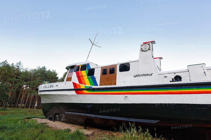 Beluga, former Greenpeace ship ashore, memorial, resistance against nuclear waste, interim storage facility in Gorleben, Gorlebener Wald, Lüchow-Dannenberg, Germany