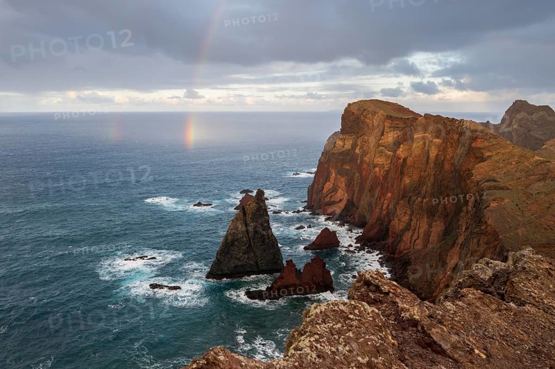 Sunset, rainbow at sea, volcanic peninsula, Ponta de São Lourenço, Ponta de Sao Lourenco, rocky coast, Punta de San Lorenzo, Madeira, Portugal