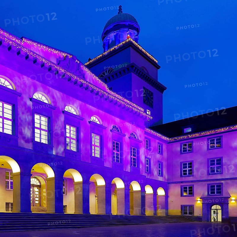 The town hall illuminated for the Christmas market in Witten, Ruhr area, North Rhine-Westphalia, Germany