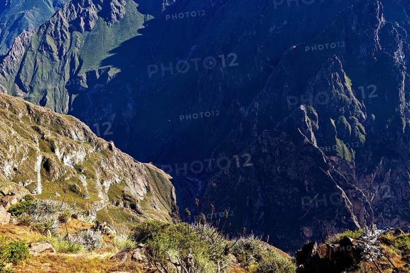 Deep look into a gorge surrounded by mountains and sparse vegetation, The mountains and valleys of the Colca Canyon in Peru