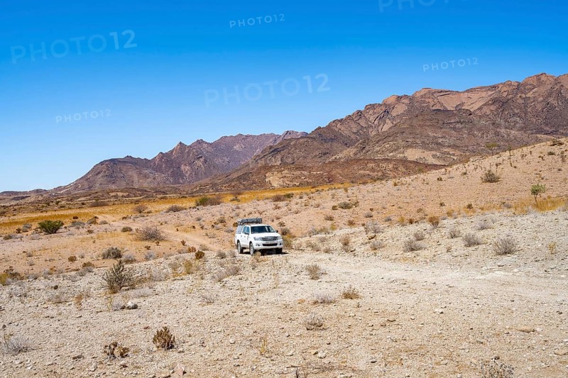 Toyota Hilux off-road vehicle on a sandy track, desert landscape with Brandberg, Erongo, Damaraland, Namibia