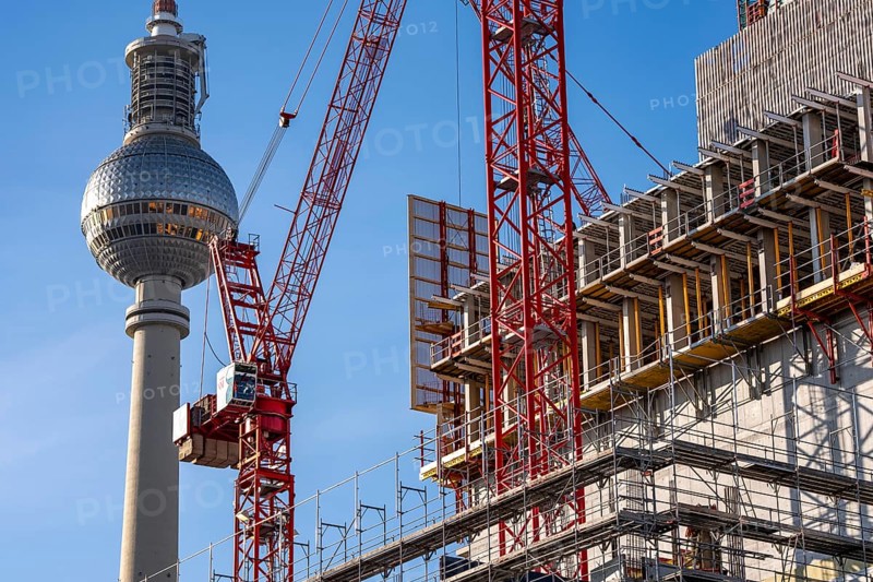 Construction site of the Covivio high-rise building in the vicinity of Alexanderplatz in Berlin, mixed use of apartment, offices, retail and a daycare center, Berlin TV Tower dome, Germany