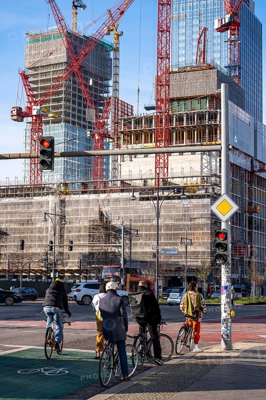 Construction site of the Covivio skyscraper in front, in the vicinity of Alexanderplatz in Berlin, mixed use of apartment, offices, retail and a daycare center, the high-rise construction site of The Berlinian office high-rise building in the back, Germany