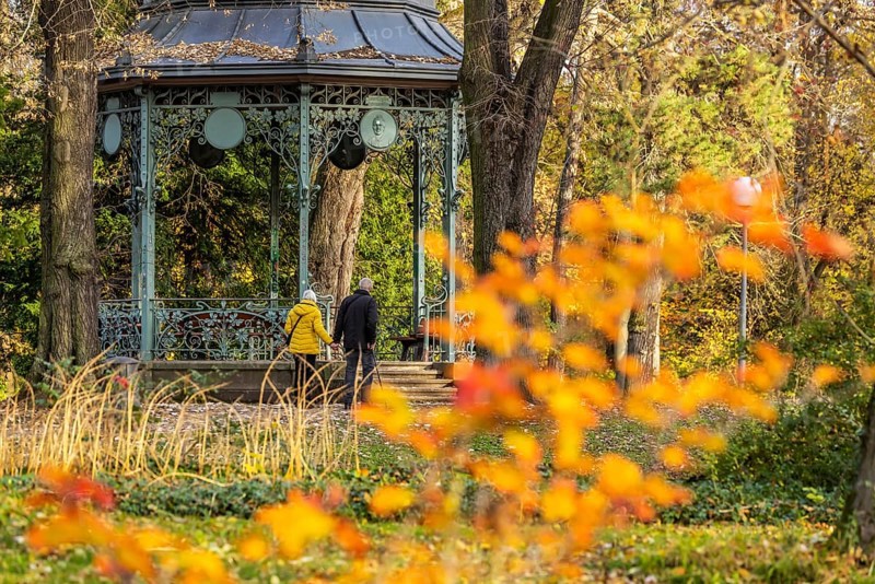 Upper spa park with pagoda in autumn. Bad Cannstatt, Stuttgart, Baden-Württemberg, Germany