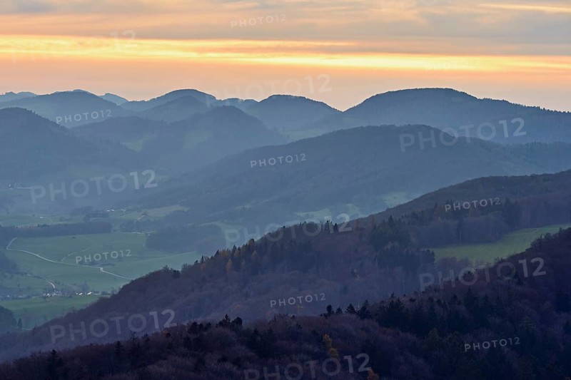 View of the Jura foothills from the Gisliflue, in the light of dusk, Talheim, Canton, Aargau, Switzerland